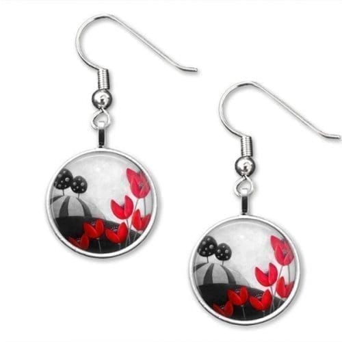 Red and grey drop earrings